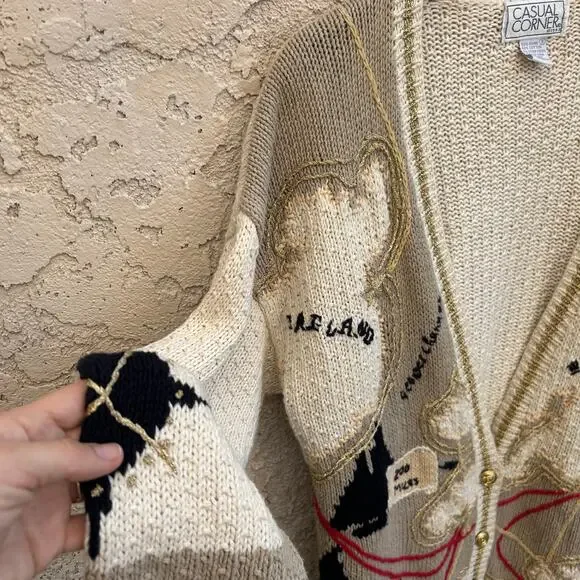 Vintage Casual Corner Europe Map Knit Cardigan Gold Detail Size Womens Small - Picture 8 of 8